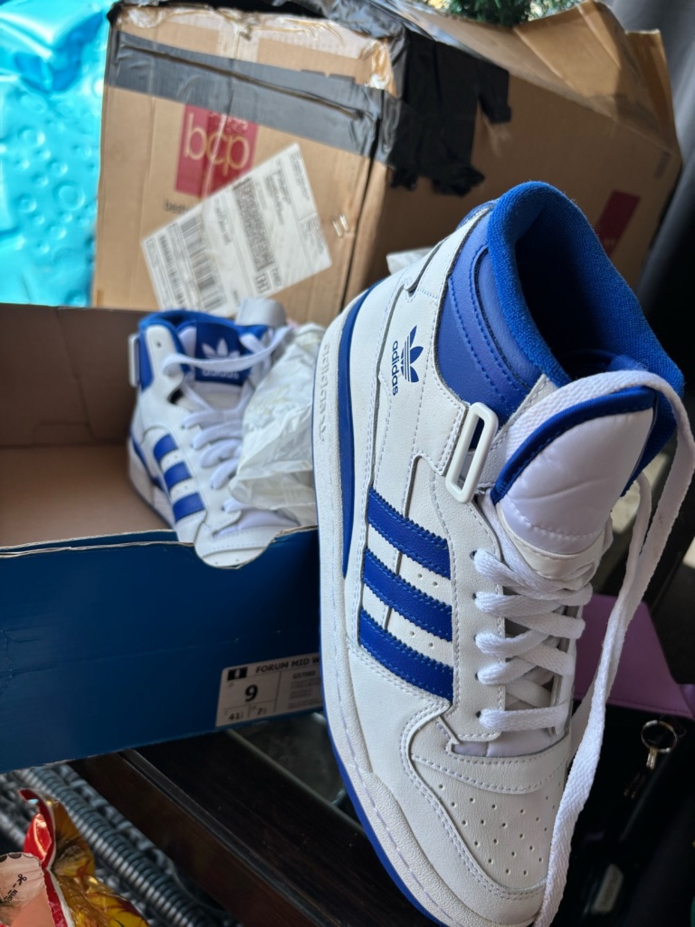 adidas White and Blue Forum Mid Athletic Shoes